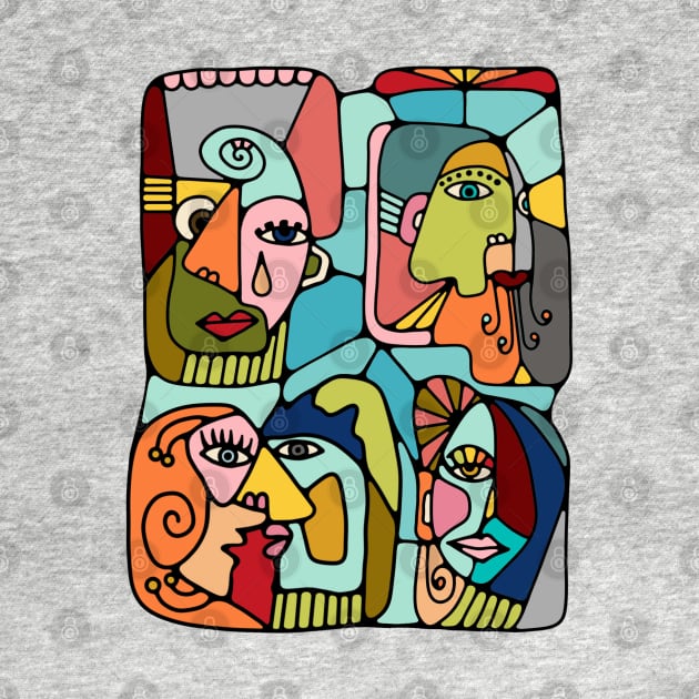 Cubist Picasso Style Faces In Mid Century Modern Colors by Slightly Unhinged